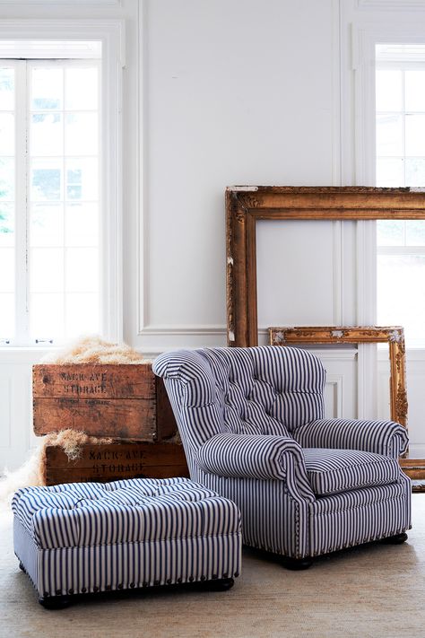 Ralph Lauren Home's tufted Writer's Chair and Ottoman reimagined in blue & white Ryan Stripe fabric Ottoman Furniture, Striped Chair, Tufted Chair, Decoration Inspiration, Ralph Lauren Home, A Mirror, Beach Houses, Architectural Digest, Chair And Ottoman