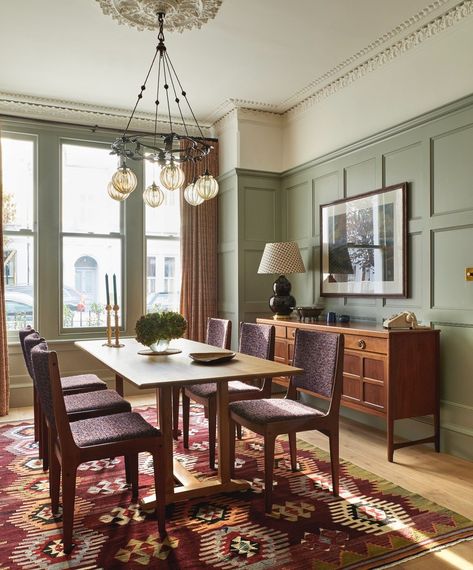 Clapham — Brandon Schubert Picture Rail Dining Room, Brandon Schubert, Victorian Terrace Dining Room, 1930s Dining Room, Aesthetic Preppy Bedroom, Modern Victorian Dining Room, Warm Apartment Aesthetic, Victorian Dining Room, Dining Room Paneling