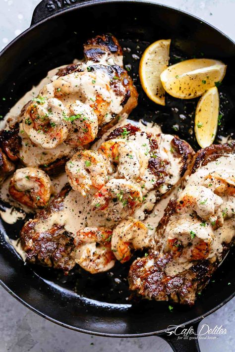 Steak And Creamy Garlic Shrimp is a fast and easy to make gourmet steak dinner! | cafedelites.com Gourmet Steak Dinner, Creamy Garlic Shrimp Recipe, Creamy Garlic Shrimp, Gourmet Steak, Easy Steak Recipes, Steak And Shrimp, Easy Steak, Grilled Steak Recipes, Steak Fajitas