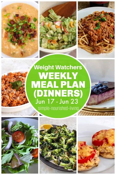 My weekly WW friendly meal plan for Dinners with Recipes & Points featuring slow cooker turkey bolognese spaghetti sauce, slow cooker cabbage roll casserole, easy crock pot corn chowder and light and easy english muffin tuna melts. #ww #weightwatchers #meal #plan #dinners #points #easy #low_calorie #recipes Meal Plan For Dinner, Ww Meal Plans, Ww Meal Plan, Weight Watchers Crock Pot Recipes, Salad Salmon, Weight Watchers Menu, Dinner Meal Ideas, Meal Prep Meals, Weight Watchers Meal Plans