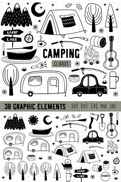 Nature, Cute Camping Drawings, Camping Doodles Simple, Camping Zentangle, Camping Scene Drawing, Caravan Tattoo, Tent Doodle, Camping Drawings, Camping Doodles