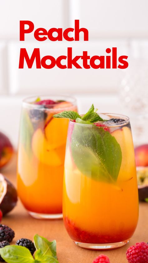 Peach Mocktails Easy Mocktails, Easy Mocktail Recipes, Peach Margarita, Mojito Mocktail, Peach Drinks, Iced Drinks Recipes, Peach Sangria, Peach Ice Tea, Mocktail Recipes