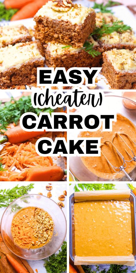 Easy Carrot Cake Recipe - how to make a carrot cake with boxed cake mix and other fresh ingredients that tastes just like a homemade carrot cake recipe! Quick and easy dessert recipe great for Easter cakes, Spring desserts or summer bbq desserts #carrotcake #carrotrecipes #cakerecipes #cakemix How To Make Box Carrot Cake Better, How To Make A Box Carrot Cake Taste Homemade, Carrot Cake Desserts Easy, Carrot Cake From Box Recipe, Semi Homemade Carrot Cake Recipe, Carrot Cake With Boxed Cake, Easy Carrot Cake Recipe Boxes, Boxed Carrot Cake Hacks, Carrot Cake Using Cake Mix Boxes