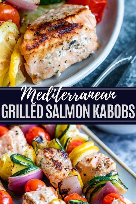 Fish Kabobs On The Grill, Salmon Skewers Grilled, Grilled Salmon And Veggies, Fish Kabobs, Salmon Bisque, Grilled Salmon Kabobs, Grilled Skewers, Salmon Kabobs, Salmon Healthy