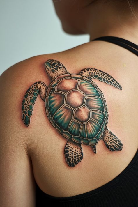 20 Ocean Themed Tattoo Ideas Perfect For Sea Lovers – inkspiredtattoos.com Turtle Tattoo Back, Realistic Turtle Tattoo, Turtle Shell Tattoo, Mom Memorial Tattoo, Sea Turtle Tattoos, Ocean Theme Tattoos, Underwater Tattoo, Starfish Tattoo, Bear Tattoo Designs