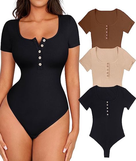 Amazon.com: FeelinGirl 3 Piece Bodysuit for Women Short Sleeve Tops Summer Crew Neck Ribbed Henley Casual Shirts : Clothing, Shoes & Jewelry Casual Office Wear, Women's Henley, Bodysuit Tops, Cotton T Shirts, Body Suit Outfits, Henley Top, Matches Fashion, Different Outfits, Short Sleeve Bodysuit