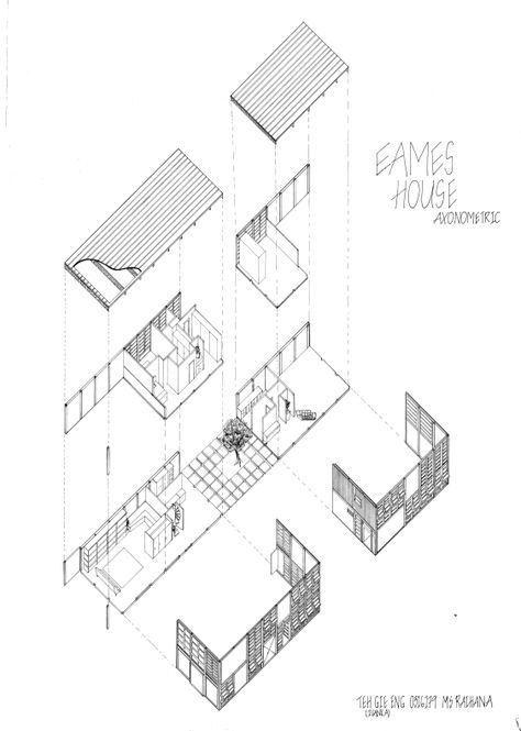 Case Study Houses Interior, Eames House Interior, Section Axonometric Architecture, Explode Axonometric Architecture, Exploded Axonometric Architecture, Exploded Axonometric, Exploded Axonometric Architecture Detail, Case Study House, Eames House