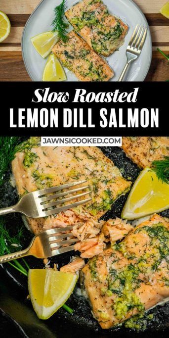 This fast and easy Slow Roasted Lemon Dill Salmon comes together in just 25 minutes, with fresh lemon, dill, butter, and garlic. Slow roasting is deceptively fast, and yields a moist, flavorful finished salmon! Lemon Dill Butter, Slow Roasted Salmon, Crockpot Salmon, Dill Butter, Lemon Dill Salmon, Dill Salmon, Lemon Salmon, Drink Inspiration, Lemon Dill