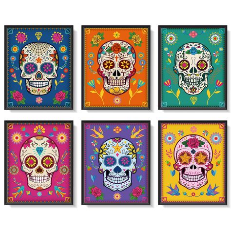 PRICES MAY VARY. What you get: you will receive 6 pieces of different sugar skull painting arts and 40 glue points, each piece is about 20 x 25 cm/8 x 10 inches, the large quantity and various patterns to enrich your home decor, each standout print will add a contemporary touch to any room Quality material: day of the dead sugar skull decors are made of good 350 g white card stock paper, safe and sturdy, fine printing technology, presenting the vivid colors of skulls well, soft and artistic, mak Sugar Skull Art Print, Mexican Wall Decor, Sugar Skull Painting, Sugar Skull Decor, Mexican Day Of The Dead, Day Of The Dead Party, Fall Artwork, Sugar Skull Halloween, Prints For Living Room