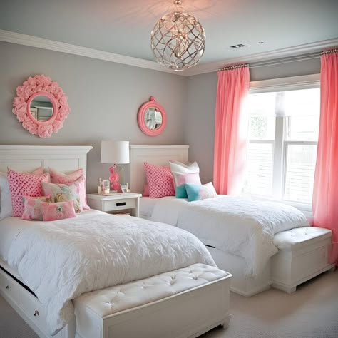 Sweet dreams for two! This twin bedroom is designed to create a calming and cozy sleep environment for siblings. The neutral color scheme with pops of yellow keeps things bright and cheerful, while the two comfy beds ensure a good night's sleep. Do you have any favorite twin bedroom design ideas? Share them in the comments! Classy Teen Bedroom, Pink And White Bedroom Decor, Twin Bedroom Design, Sister Room Ideas Shared Bedrooms, Pink And White Bedroom, Twin Girl Bedrooms, Girls Twin Bed, Functional Bedroom, Comfy Beds