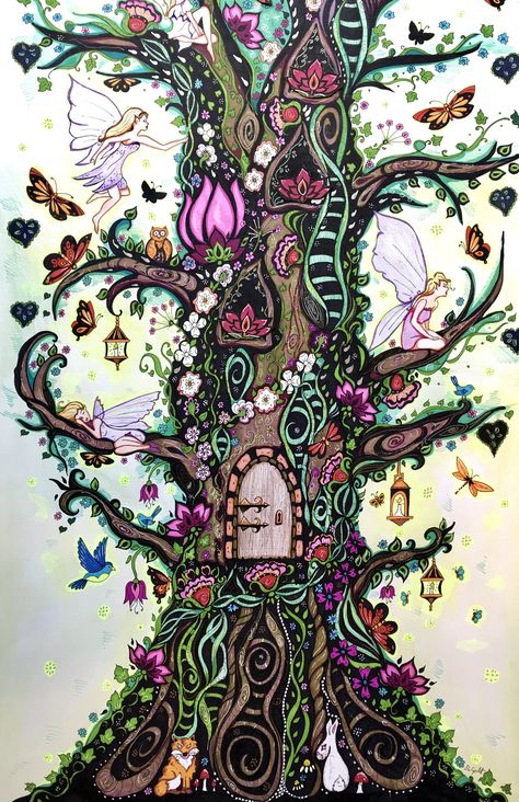 Whimsical Tree Painting, Whimsical Art Paintings Fairies, Forget Me Not Fairy, Whimsical Tree, Tree Story, Tree Fairy, Elf Tree, Tree Quilts, Fairy Tea Parties