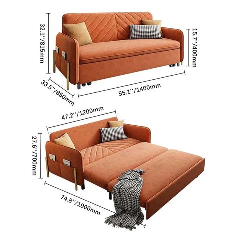 Milie 48 Inch Sleeper Sofa Dark Orange Velvet Upholstered Convertible 3 In 1 Convertible Sofa Bed With Storage Headboard Pillows And Side Pockets - hernest Headboard Pillows, Sofa Come Bed, Attic Bed, Bed With Storage Headboard, Sofa Cum Bed, Loveseat Sofa Bed, Stylish Bedroom Decor, Orange Sofa, Furniture Design Inspiration