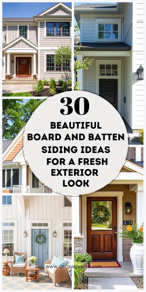 Create a lasting impression with these 30 stunning board and batten siding ideas that combine functionality and beauty. Board And Batten Deck Skirting, Wide Siding Exterior, Grey Hardie Board Siding, Board And Batten Porch, Shaker Siding Exterior, Home Siding Ideas Exterior, Vinyl Siding Color Schemes, Board And Batten Designs, Vinyl Siding Ideas Exterior