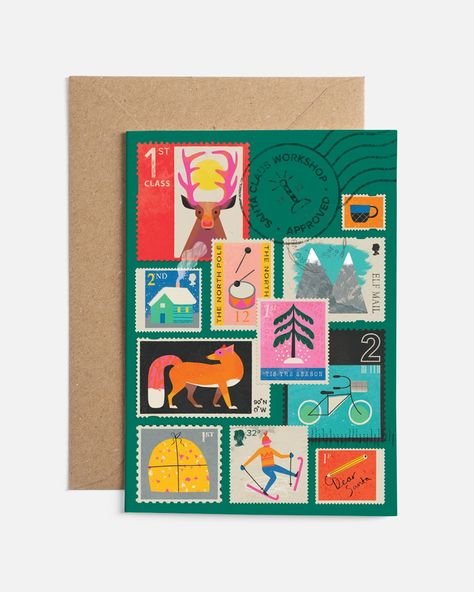 Stamp Illustration Design, Christmas Cards Graphic Design, Christmas Card Graphic, Company Christmas Card, Pretty Postcards, Xmas Envelope, Christmas Branding, Illustrated Envelopes, Illustrated Christmas Cards