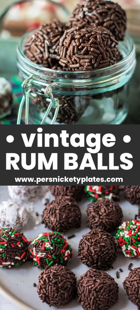 Traditional rum balls are an easy, no-bake holiday staple. Vanilla wafers, cocoa powder, pecans, and honey come together with powdered sugar and sprinkles to give them a sweet, chocolatey, nutty flavor, with a kick of rum! Rum Ball Cookies Christmas, Best Chocolate Christmas Cookies, Pioneer Woman Rum Balls, Nut Free Rum Balls, Sees Candy Rum Nougat Recipe, Holiday Rum Balls, Cherry Rum Balls, Boozy Balls Holidays, No Bake Rum Balls Recipe