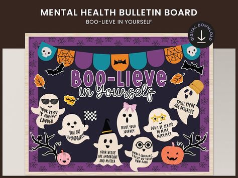 Boo-lieve in Yourself Halloween Bulletin Board Kit Affirmations and Mental Health School Classroom Decor Wall Door Display - Etsy UK Negativity Graveyard Bulletin Board, Classroom Door For Halloween, School Office Halloween Decorations, Classroom Halloween Themes, School Counselor Halloween Door, Halloween Nurse Bulletin Boards, Pastel Halloween Bulletin Board, Charlie Brown Halloween Door Decorations, Halloween Door Decor Classroom