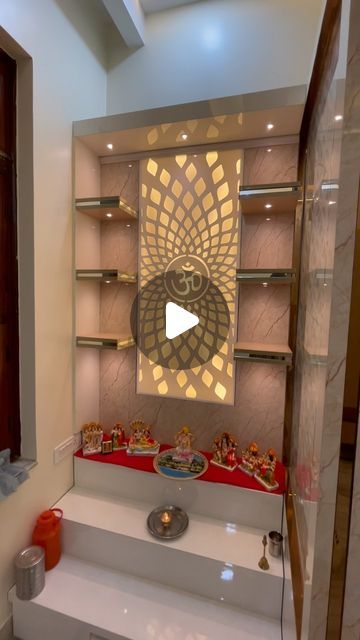 Mandir Om Design, Pooja Mandir Modern Living Rooms, Mandir Glass Design, Om Design For Mandir, Mandir Design Puja Room Modern, Mandir Design In Living Room, Modern Pooja Room Design, Pooja Room Ideas Indian Modern, Modern Mandir Design