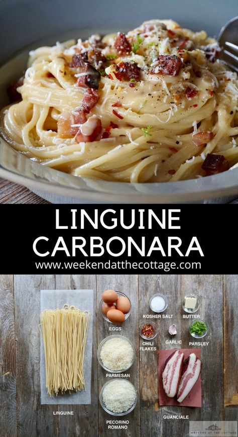 Linguine Carbonara - Weekend at the Cottage Linguine Sauce Recipes, Carbonara Pasta For Two, Linguine Carbonara Recipes, Pasta Recipes Carbonara, Egg Carbonara, Pork Parmesan, Italian Recipes For Dinner, Italian Carbonara Recipe, Linguine Carbonara