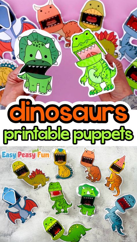 Printable Dinosaur Puppets (PDF Template) - Easy Peasy and Fun Dinovember Crafts, Dinosaur Activity For Kids, Easy Dino Activities, Dinosaur For Kids, Prek Dinosaur Activities, Dinosaur Craft Elementary, Dinosaur Printable, Mythical Creatures Crafts, Dino Activities For Kids