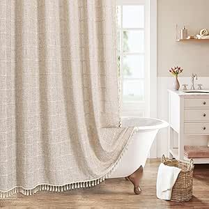 MitoVilla Boho Farmhouse Shower Curtain Set, Modern Cotton Linen Fabric Cloth Shower Curtains for Neutral Country Bathroom Decor, Tan Brown Bohemian Rustic, Taupe, 72 x 72 96 Inch Shower Curtain, Curtains With Tassels, Country Bathroom Decor, Cloth Shower Curtain, Farmhouse Shower Curtain, Rustic Fabric, Farmhouse Shower, Modern Shower Curtains, Bath Collection