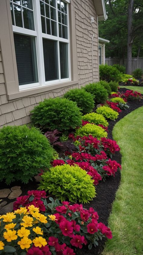 Front Of Fence Landscaping, Full Yard Landscaping, Front Yard Perennial Landscaping Ideas, Commercial Landscape Design Entrance, Landscaping Along Fence Front Yard, Classic Front Yard Landscaping, Planters Along Fence Line, Fence Plants Ideas, Perennial Front Yard Landscaping