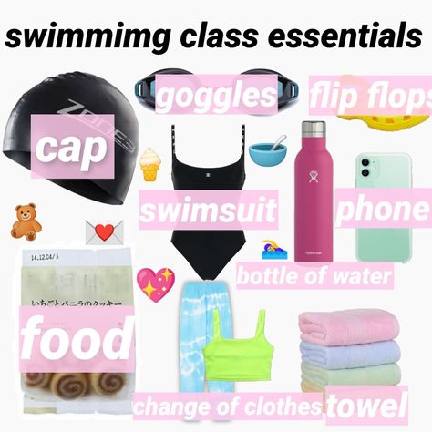 Swimming Sport Outfit, Swim Team Bag Essentials, Swim Class Essentials, What To Bring To A Swim Meet, Swimming Class Aesthetic, Swim Bag Essentials Competitive, Swimming Bag Essentials, Swim Bag Essentials, Swimming Essentials