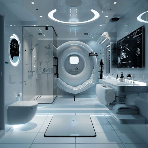 Futuristic Bathroom Design Goals! Futuristic Bathroom Design, Designing A Bathroom, Futuristic Bathroom, Round Bathtub, Modern Bathroom Ideas, Heated Towel Rack, Bathroom Oasis, Mid Century Minimalist, Contemporary Bathroom Designs