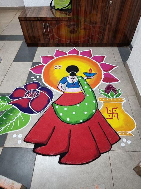 Panting Rangoli Designs, Rangoli Designs Fir Diwali, Rangoli Designs On Road, Rangoli Latest Designs Creative, Divali Ideas Rangoli, Diwali Rangilo Design, Lakshmi Ji Rangoli, Lady Rangoli Designs Diwali, Kali Chaudas Rangoli Latest