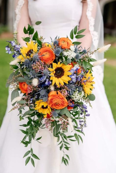 Sunflower And Thistle Bouquet, Sunflower Wedding Bridal Party, Sunflower And Wildflower Bouquet, Sunflower Wedding Bouquet Summer, Sunflower Wildflower Bouquet, Sunflower And Lavender Wedding, Wedding Bouquet With Sunflowers, Wedding Bouquet Sunflowers, Sunflower Bouquet Wedding