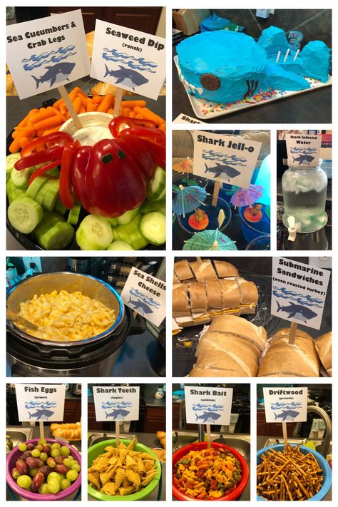 Shark Birthday Party Snacks, Shark Birthday Food Ideas, Shark 2nd Birthday Party Boy, Shark Themed 1st Birthday Party, Shark Week Food Dinner, Shark Appetizers, Underwater Birthday Party Food, Underwater Party Food, Shark Party Snacks