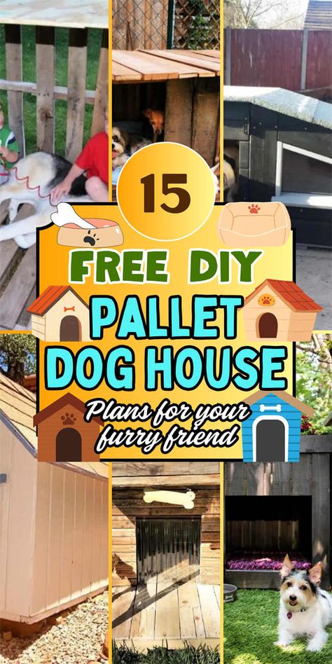 Diy Outside Dog Bed, Free Dog House Plans Diy, Multiple Dog House Ideas Outdoor, Free Dog House Plans, Dog House Made Of Pallets, Pallet Dog Run, Cold Weather Dog House, How To Build A Dog House Out Of Pallets, Simple Diy Dog House