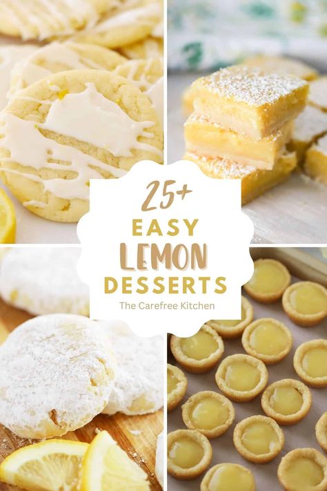 We’ve pulled together 25+ of the Best Lemon Desserts for all of the lemon lovers out there. From lemon cooler cookies and lemon curd to no bake lemon desserts and lemon breakfast sweets, you will find new recipes to make all year long. #thecarefreekitchen #lemon #dessert #lemonrecipes #lemoncurd #lemonblueberry #lemoncookies #lemoncake #lemonbars #nobake Lemon Sweets Recipes, What Can I Make With Lemons, Lots Of Lemons What To Do With, Lemon Themed Bridal Shower Desserts, Lemon Themed Dessert Table, Lemon Desserts No Eggs, Lemon Pastry Recipes, Recipes To Use Up Lemons, Lemon Baked Goods