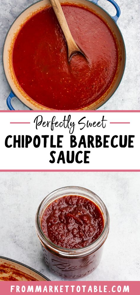 Chipotle Barbecue Sauce in a saute pan and in a mason jar Chipotle Bbq Sauce Recipe, Home Made Bbq Sauce, Spicy Sauce Recipe, Pulled Pork Sauce, Chipotle Bbq Sauce, Bacon Bbq Sauce, Homemade Chipotle, Homemade Beer, Radish Recipes