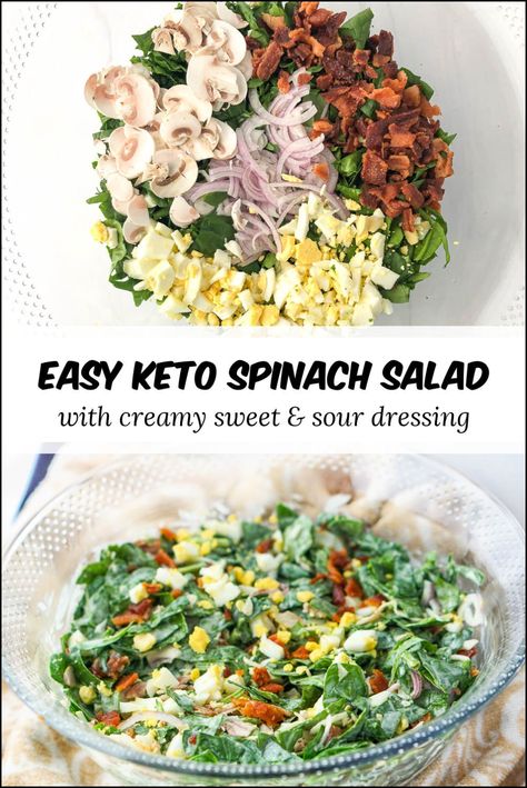 Keto Spinach Salad, Spinach Salad Recipes Easy, Chopped Spinach Salad, Sweet And Sour Dressing, Sugar Free Dressing, Keto Salad Dressing, Keto Spinach, Salad Recipes Low Carb, Keto Salad