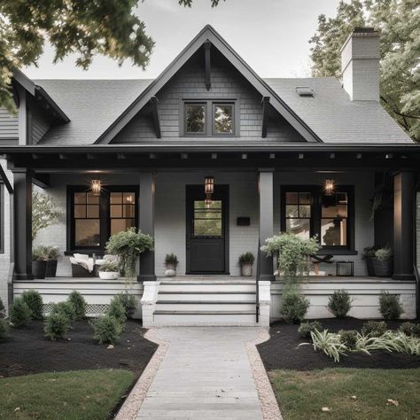 One Peak House Exterior, Grey And Black Farmhouse Exterior, Dark Siding Black Windows, Light Gray House With Black Windows, Charcoal Farmhouse Exterior, Dark Grey Homes, Light Gray House With Black Trim, Grey Exterior Paint Colors For House, Gray Roof House Colors