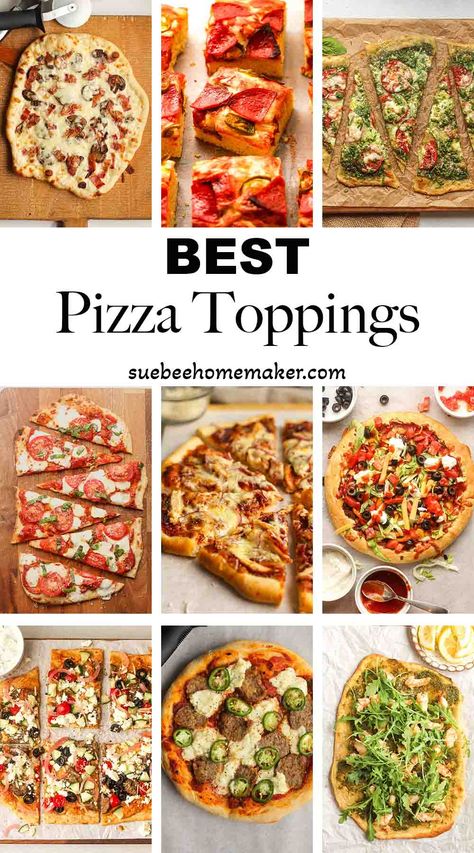 From white sauce pizza to taco pizza to shrimp pesto flatbread, we have a wide assortment for you to choose from our BEST Pizza Toppings! Healthy Pizza Toppings Ideas, Unique Pizza Toppings Combinations, Pizza Topping Ideas Homemade, Best Pizza Toppings Combinations, Home Made Pizza Toppings, Gyro Pizza Recipe, Pizza Ideas Toppings, Veggie Pizza Toppings, Flatbread Pizza Toppings