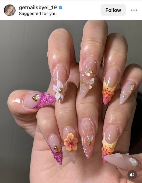 3d Flower Nails, Tropical Nails, Floral Nail Designs, Summery Nails, Girly Acrylic Nails, Vacation Nails, Oval Nails, Luxury Nails, Floral Nails