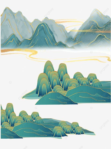 Chinese Mountains Painting, Chinese Mountain Drawing, Chinese Cloud Painting, Chinese Vector Art, Digital Mountain Art, Green Mountain Drawing, Chinese Cloud Illustration, Asian Clouds Drawing, Chinese Mountain Art