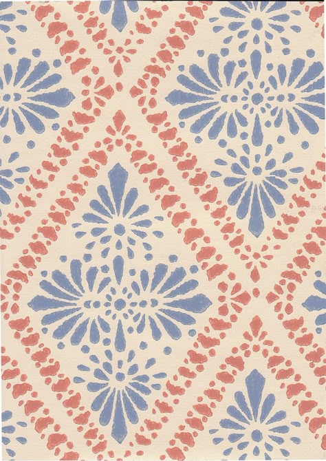 Iconic Swedish wallpaper  (Roll, 53cm x 1000cm) with a geometric pattern, red and blue on a cream white backdrop. Scandinavian design by manufacturer Boras Tapeter, ANNO series (also well known for their Josef Frank wallpapers).  Original Block Print in factory sealing. This wallpaper is in pristine condition and perfectly suited for room decoration. If you wish to buy the wallpaper by the meter (or even smaller sizes for creative projects) please contact me via post@inke.nl Arts And Crafts Patterns, Spanish Tile Wallpaper, Josef Frank Wallpaper, Swedish Pattern, Swedish Wallpaper, Vintage Wallpaper Patterns, Block Print Wallpaper, Scandinavian Pattern, Josef Frank