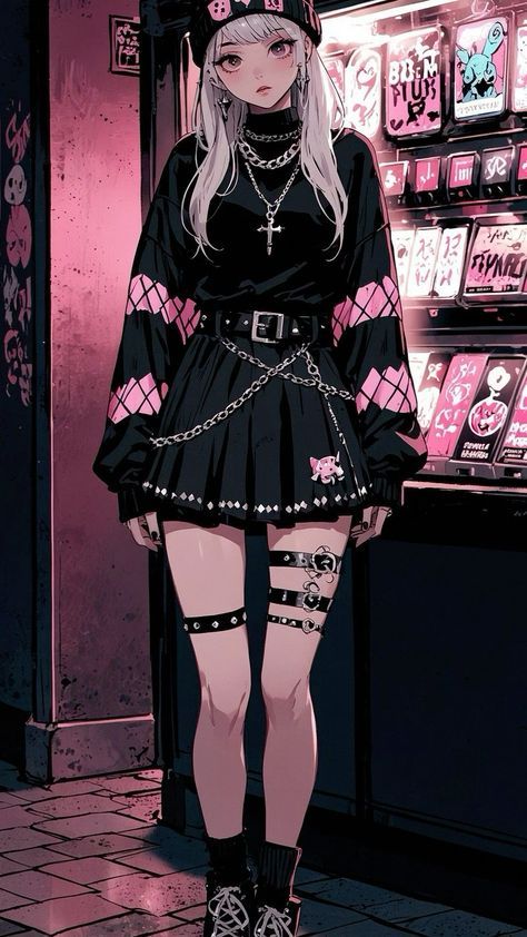 Girly Gothic Outfits, Dark Kawaii Aesthetic Outfit, Emo Anime Girlies, Goth Dress Drawing, Goth Oc Art, Grunge Rave Outfits, Vtuber Hair, Anime Goth Outfits, Girly Goth Outfits