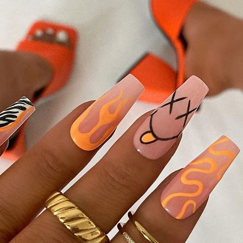 PRESS ON NAILS 🖤 on Instagram: "Funky orange festival vibes 🧡🧡 Using @lovelecente twist & shout! I’m literally obsessed with this colour for summer 🤤 Set price £27 All rings are from @bohomoon ✨ discount code CHARLOTTE✨ #nails #nailsofinstagram #nailinspo #nailinspiration #nailart #orangenails #festivalnails #pressonnails #pressonnailsuk #lovelecente #naildesign #gelnails #gelnailsdesign #nailpro" Holiday Nails Summer Acrylic Long, Orange Funky Nails, Summer Nails Nail Art, Orange Festival Nails, Festival Nails Acrylic, Orange Nails With Design, Festival Nails Coachella, Rave Nails Festivals, Festival Nail Ideas