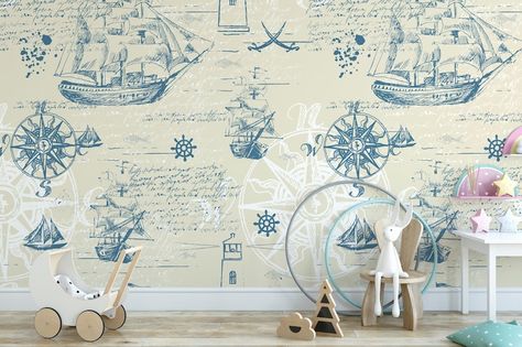 Vintage Nautical Map Removable Wallpaper Peel and Stick | Etsy Nautical Boys Room Wallpaper, Vintage Nautical Wallpaper, Coastal Wallpaper Accent Wall Bathroom, Nautical Peel And Stick Wallpaper, Coastal Wallpaper Accent Wall, Vintage Nautical Nursery, Vintage Nautical Map, Vintage Nautical Decor, Wallpaper Wall Art