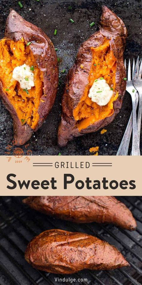 Grilled Sweet Potatoes are all about simplicity and ease. Think of them as baked sweet potatoes, cooked directly on the grill. The flavor is incredible using our ultimate dry rub, with a soft interior and a nice char on the exterior, and then topped with a decadent smoked honey butter. This recipe is gluten free and vegan (if you leave out the butter topping). Sweet Potato Easy, Peaches Salad, Grill Pineapple, Grilled Fruit Dessert, Grilled Potato Recipes, Sweet Potato Bbq, Grilled Fruit Recipes, Smoked Honey, Healthy Summer Treats