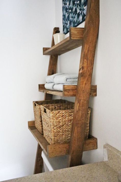 Over The Toilet Ladder Shelf, Toilet Ladder Shelf, Bathroom Ladder Shelf, Over The Toilet Ladder, Diy Bathroom Storage Ideas, Bathroom Ladder, Over Toilet Storage, Rustic Toilets, Shelves Over Toilet