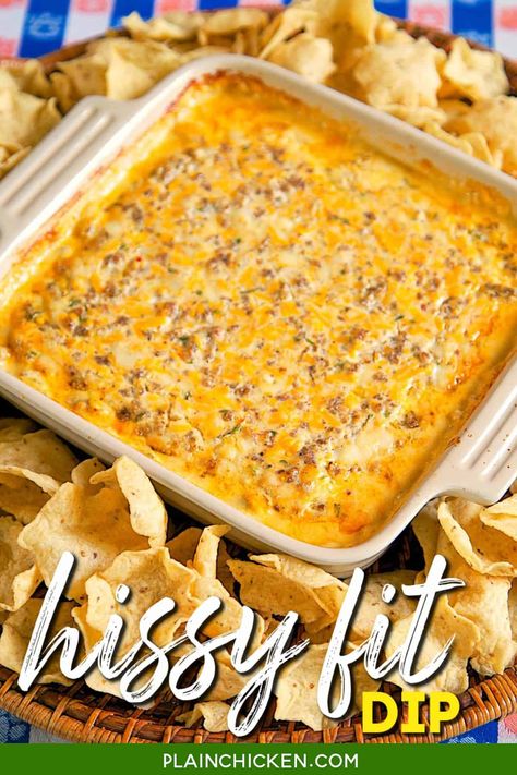 Hissy Fit Dip Recipe - sausage, sour cream, Velveeta, muenster, onion and garlic powder, Worcestershire sauce and parsley - SO good. You will definitely throw a hissy fit if you miss out on this dip! Crazy good! Can mix together and refrigerate a day before baking. Serve with chips and veggies! It is always gone in a flash! #gameday #dip #partyfood #sausage #velveeta March Madness Party Food, Hissy Fit Dip, Superbowl Party Appetizers, Football Friday, Easy Super Bowl, Party Snacks Easy, Chicken Appetizers, Hissy Fit, Plain Chicken