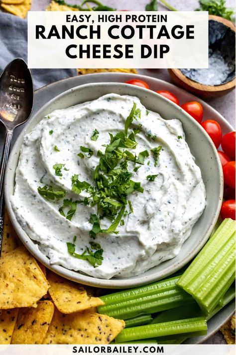 Cottage Cheese Dip Healthy Ranch Veggie Dip, High Protein Cottage Cheese Ranch Dip, Summer Chips And Dip Recipes, Health Dips Recipes, Protein Dip For Veggies, High Protein Ranch Dip, High Protein Cottage Cheese Dip, High Protein Chip Dip, Cottage Cheese Chip Dip