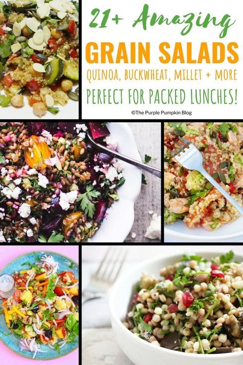 Do you find yourself having the same food for lunch, day in, day out? Stuck for ideas of what to prepare for packed lunches for work/college/school? You've hit the right spot on the internet because here are 21+ amazing grain salads that can be kept in a packed lunch box or mason jar to take on the go. Includes salad recipes made with quinoa, buckwheat, ancient grains and more. Packed Lunches For Work, Ancient Grains Salad, Lunches For Work, Ancient Grains Recipes, Grain Salads, Healthy Lunch Salad, Gourmet Salad, Packed Lunches, Grain Salad