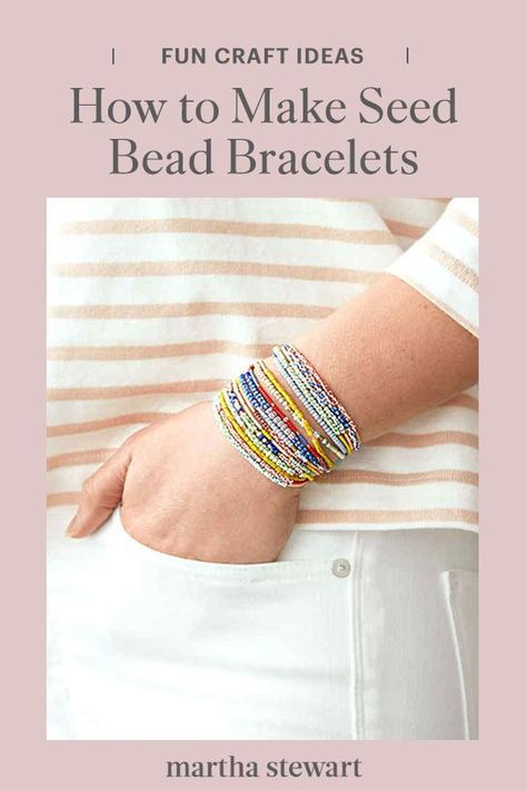 Our chic, grown-up versions of a best friend seed bracelet are just as fun, but we use a crimp bead that makes sliding them on and off easy. Follow our seed bracelet tutorial for this fun bead bracelet craft. #marthastewart #crafts #diyideas #easycrafts #diyjewelry Making Seed Bead Bracelets, Making A Beaded Necklace, Beaded Loom Bracelets Patterns Free, Simple Seed Bead Jewelry, Seed Bead Stretch Bracelets Diy, Seed Bead Bracelets Diy How To Make, Simple Beaded Bracelets Tutorial, Seed Bead Tutorial Bracelets, Elastic Seed Bead Bracelets Diy