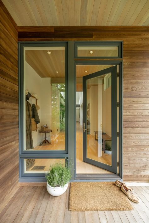 Marvin Windows And Doors, Renovation Exterior, Timber Home, French Country Chandelier, Marvin Windows, Modern Exterior Doors, Elegant Entryway, Prefab Home, Cabin Exterior