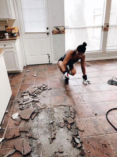 Tiling Floor Diy, Floor Over Tile Bathroom, How To Tear Up Tile Floor, How To Demo Tile Floor, Taking Out Tile Floor, Tile Floor Removal, Tile Floor Renovation, Diy Kitchen Tile Floor, Old Tile Floor Makeover